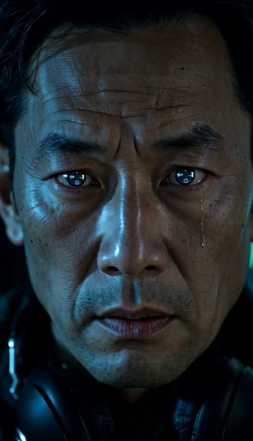 Fifteen-second AI-generated cinematic clip of a man at a control console, ending on a tearful close-up