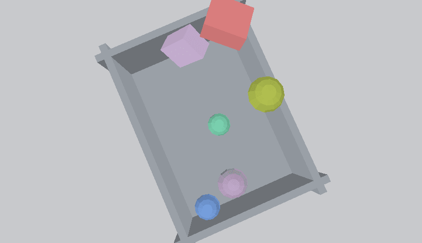 A depicted bin episode frame: coloured blocks and spheres at rest inside a grey industrial bin