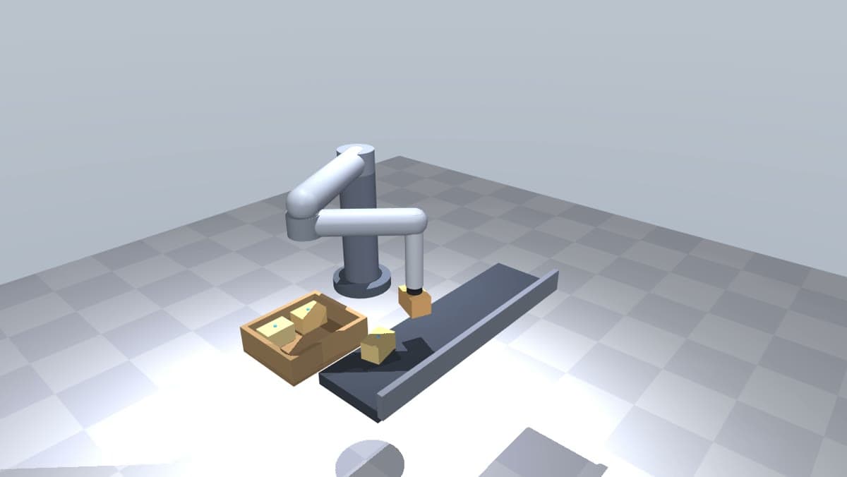 A SCARA arm lifting a retail sleeve from a conveyor toward a part-filled 2x2 case