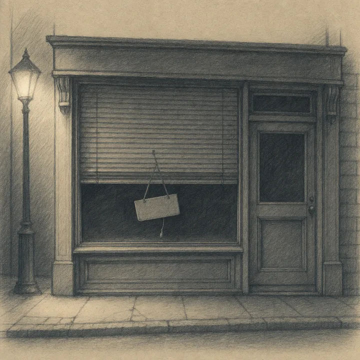 A dark shopfront at night, blinds down, the open sign hanging unplugged.