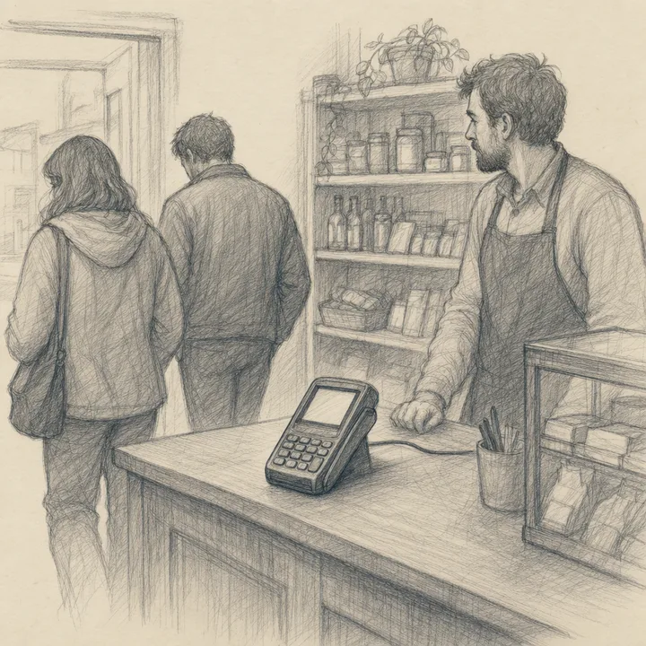 A shop counter. The card reader has refused the payment and two customers are walking away empty-handed.