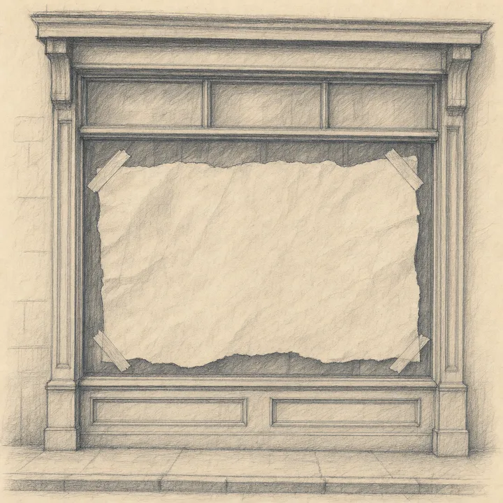 A shop window with a torn paper notice taped across the glass, hiding the display.