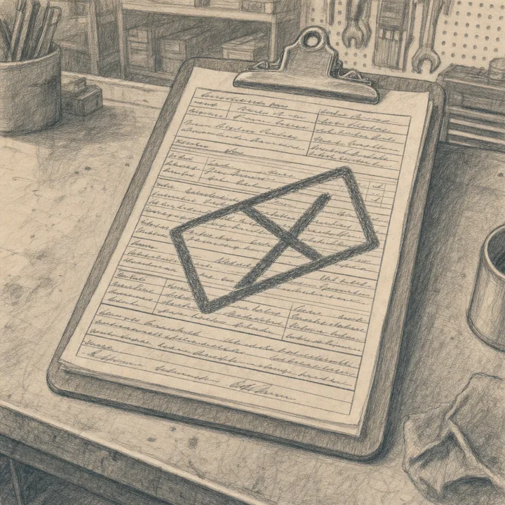 A clipboard on a counter, every line filled in by hand, a large REJECTED stamp across it.