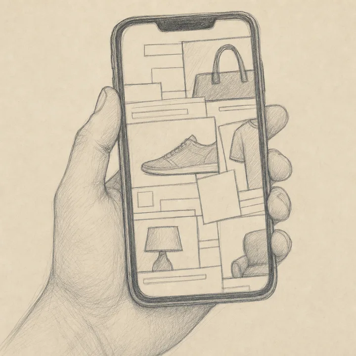 A phone propped on a shop counter, the shop's own page spilling off the edges of the screen.