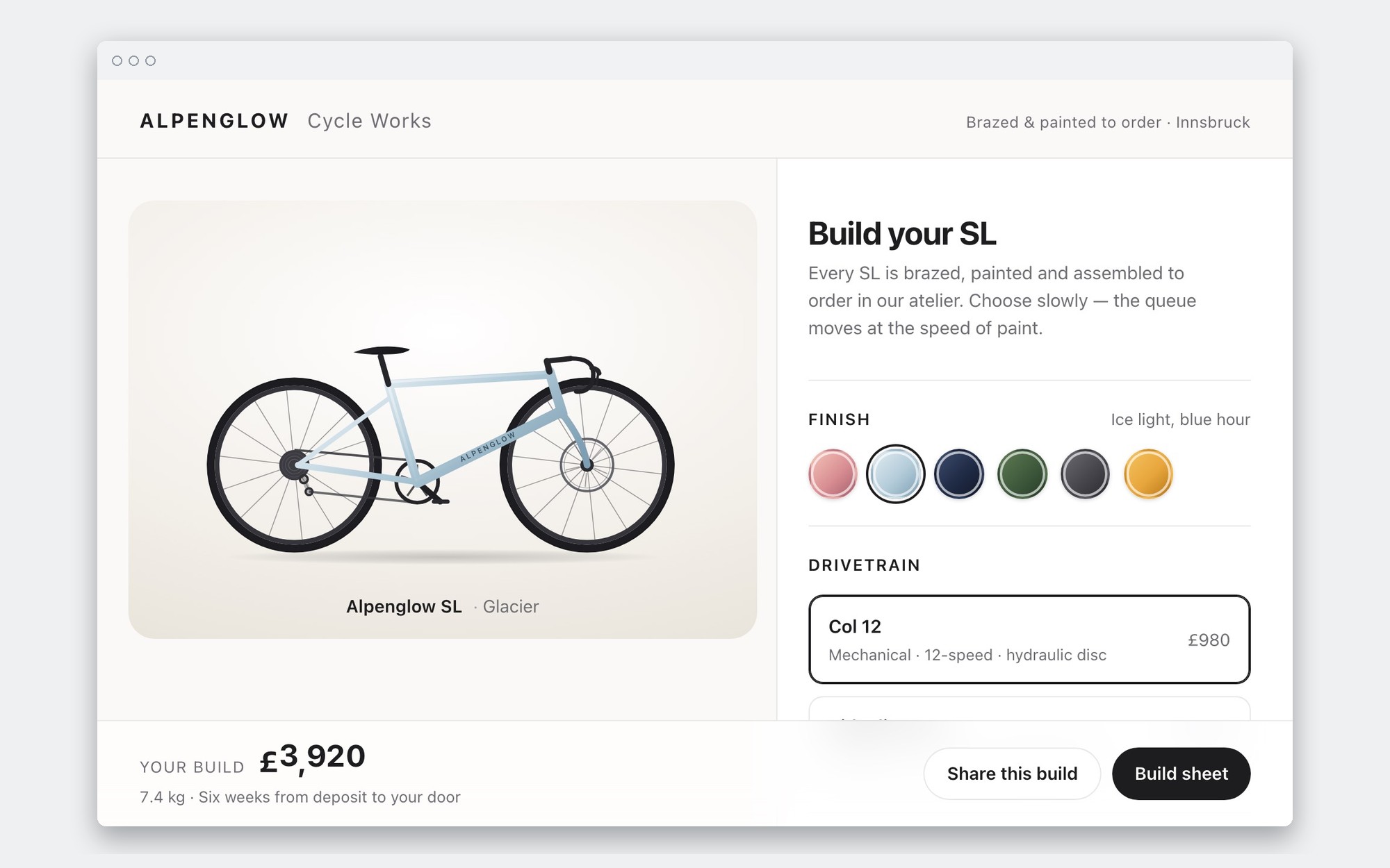 Alpenglow — the delivered configurator