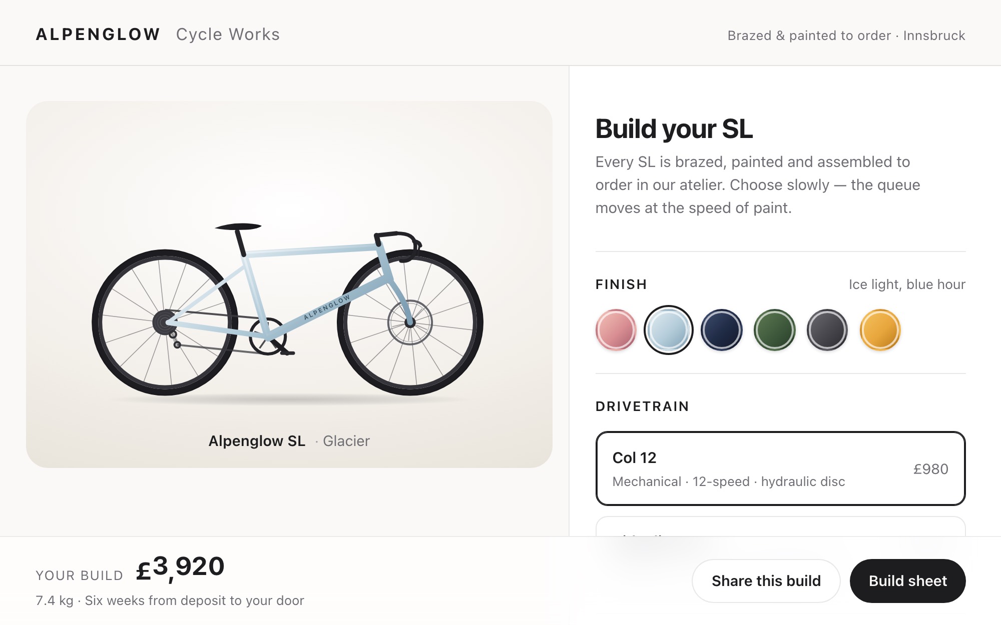 The ALPENGLOW SL configurator, a Glacier build on the stand at £3,920