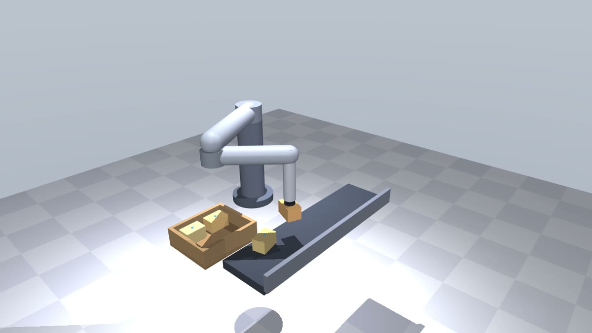 A SCARA arm lifting a retail sleeve from a conveyor toward a part-filled 2x2 case