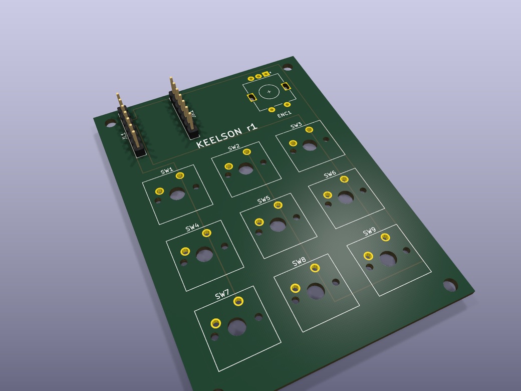 The KEELSON board seen from above at an angle — nine key switches in a three-by-three grid, a rotary encoder, and the USB-C carrier along the top edge
