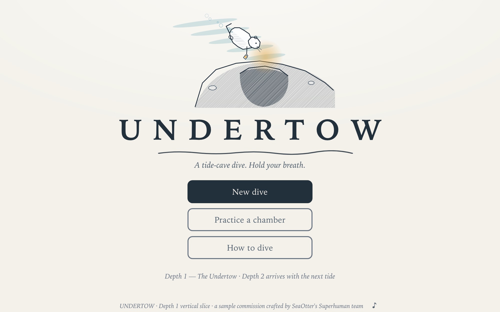 UNDERTOW's opening screen — an otter dives toward the mouth of a tide cave
