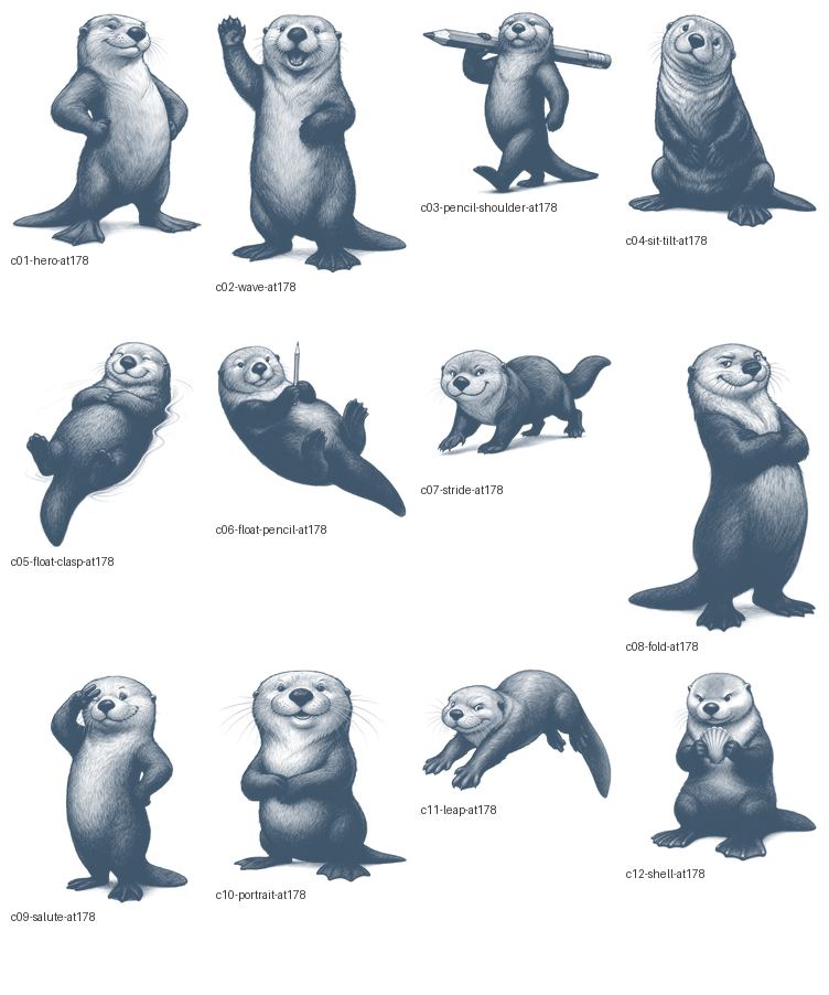 Twelve candidate otter drawings laid out and judged at 178 pixels, the size the registry spot art is actually rendered at.