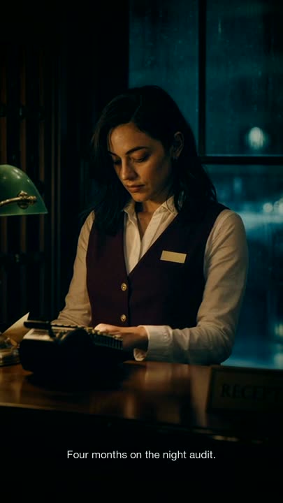 A frame from NIGHT AUDIT — the night auditor at the front desk, 2:57 in the morning