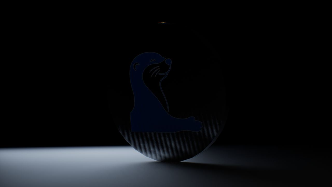 Frame 0 — the medallion in near darkness, the mark barely readable, one cool grazing light along the floor